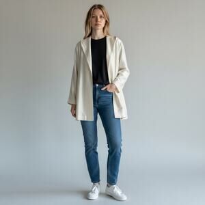 Eileen Fisher 100% Silk Open Front Jacket Blouse M Ivory Minimalist Lightweight